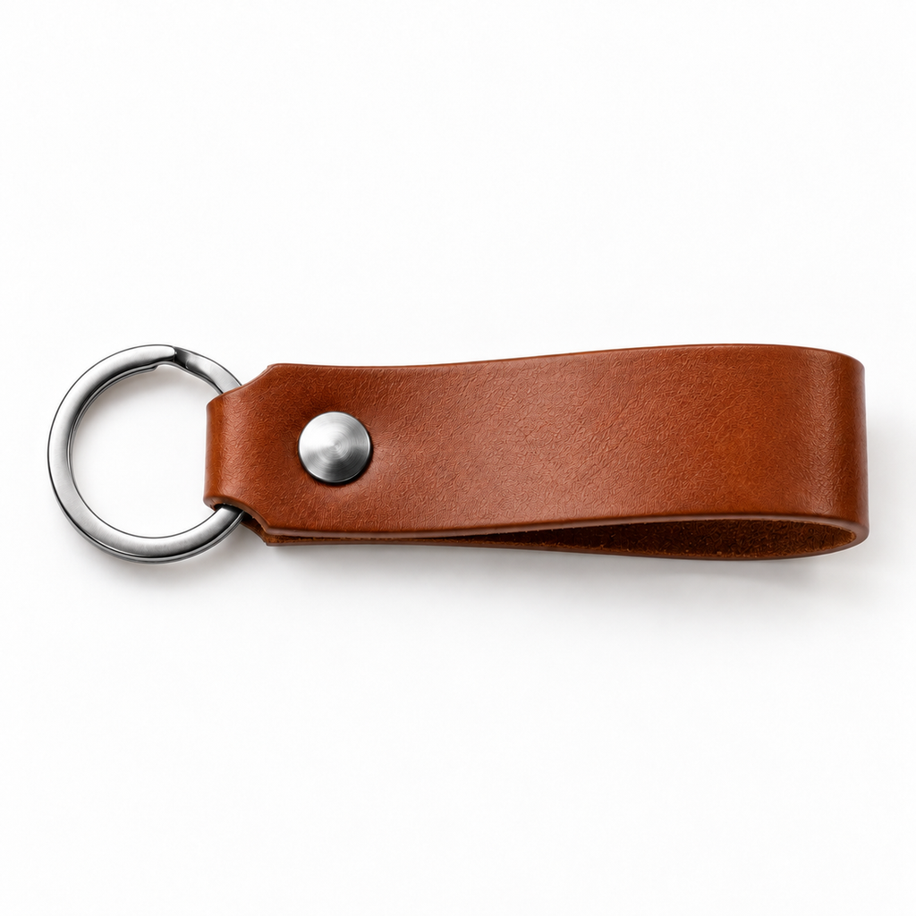 SANTJAG personalized leather keychain in Brown leather, unengraved, with silver-tone key ring and rivet on a white background.