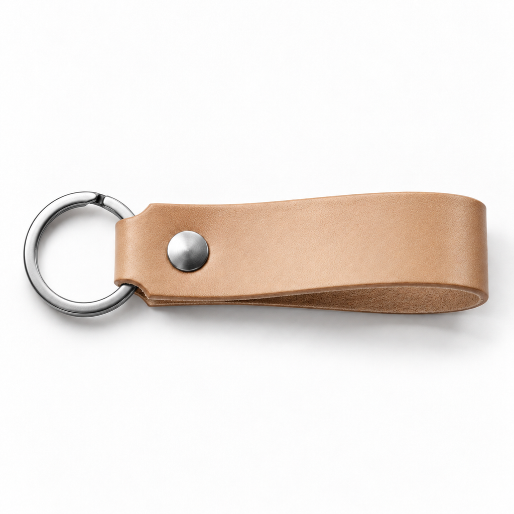 SANTJAG personalized leather keychain in Natural leather, unengraved, with silver-tone key ring and rivet on a white background.