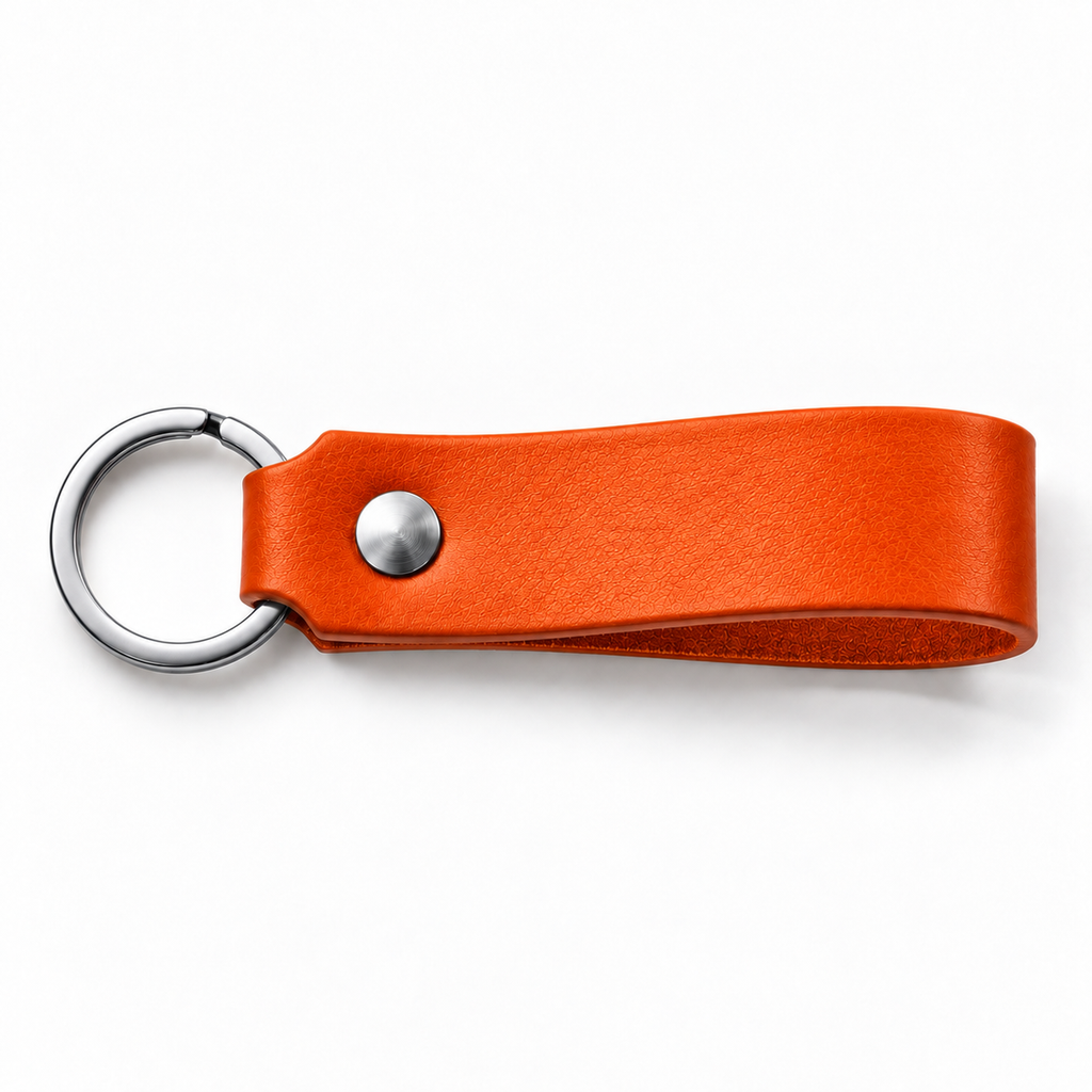 SANTJAG personalized leather keychain in Orange leather, unengraved, with silver-tone key ring and rivet on a white background.