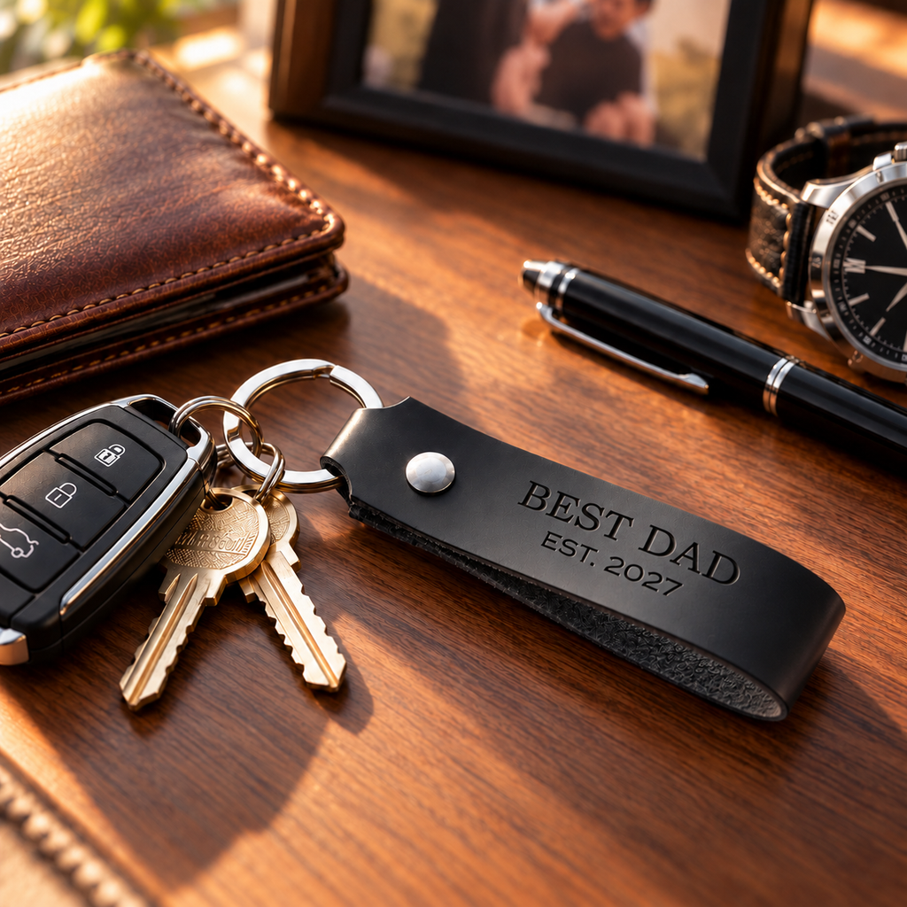SANTJAG personalized black leather keychain engraved with Best Dad EST. 2027, displayed with car keys, house keys, a leather wallet, wristwatch and pen on an elegant wooden desk.