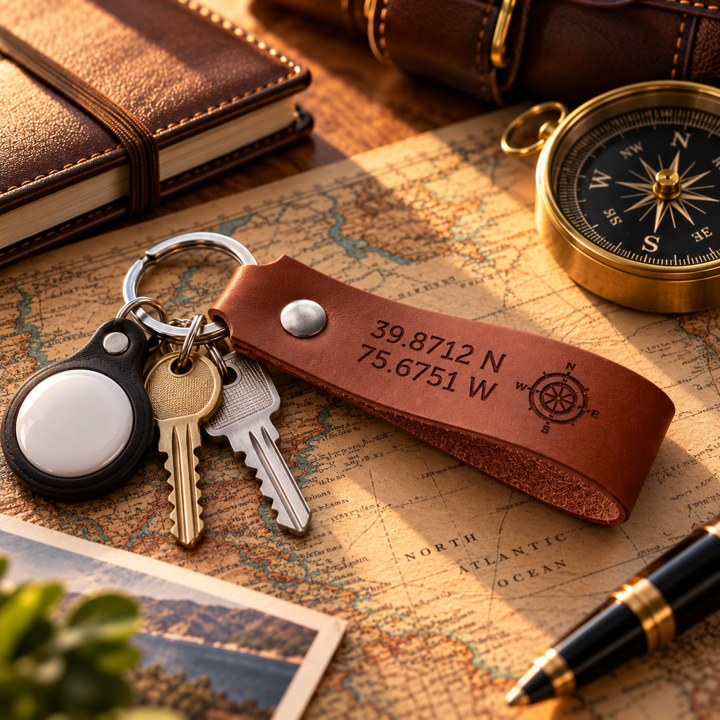 SANTJAG personalized brown leather keychain with laser-engraved GPS coordinates and compass rose, attached to two keys and an AirTag on a vintage travel map.