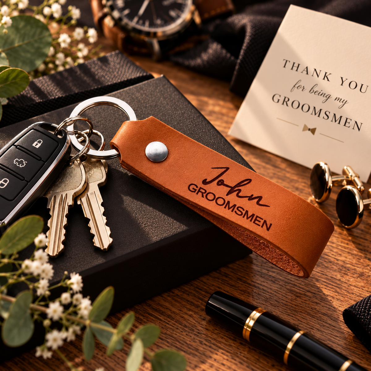 SANTJAG personalized cognac leather keychain engraved with John and GROOMSMEN, displayed with wedding gift accessories, a wristwatch, cufflinks and an elegant gift box.