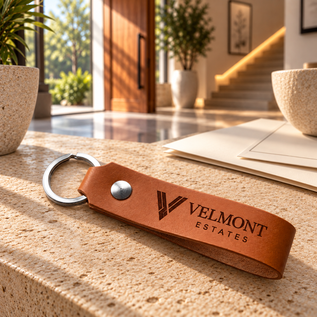 SANTJAG personalized cognac leather keychain with dark laser-engraved VELMONT ESTATES real estate logo, displayed on a limestone console in the entrance of an elegant contemporary home.