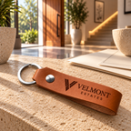 SANTJAG personalized cognac leather keychain with dark laser-engraved VELMONT ESTATES real estate logo, displayed on a limestone console in the entrance of an elegant contemporary home.
