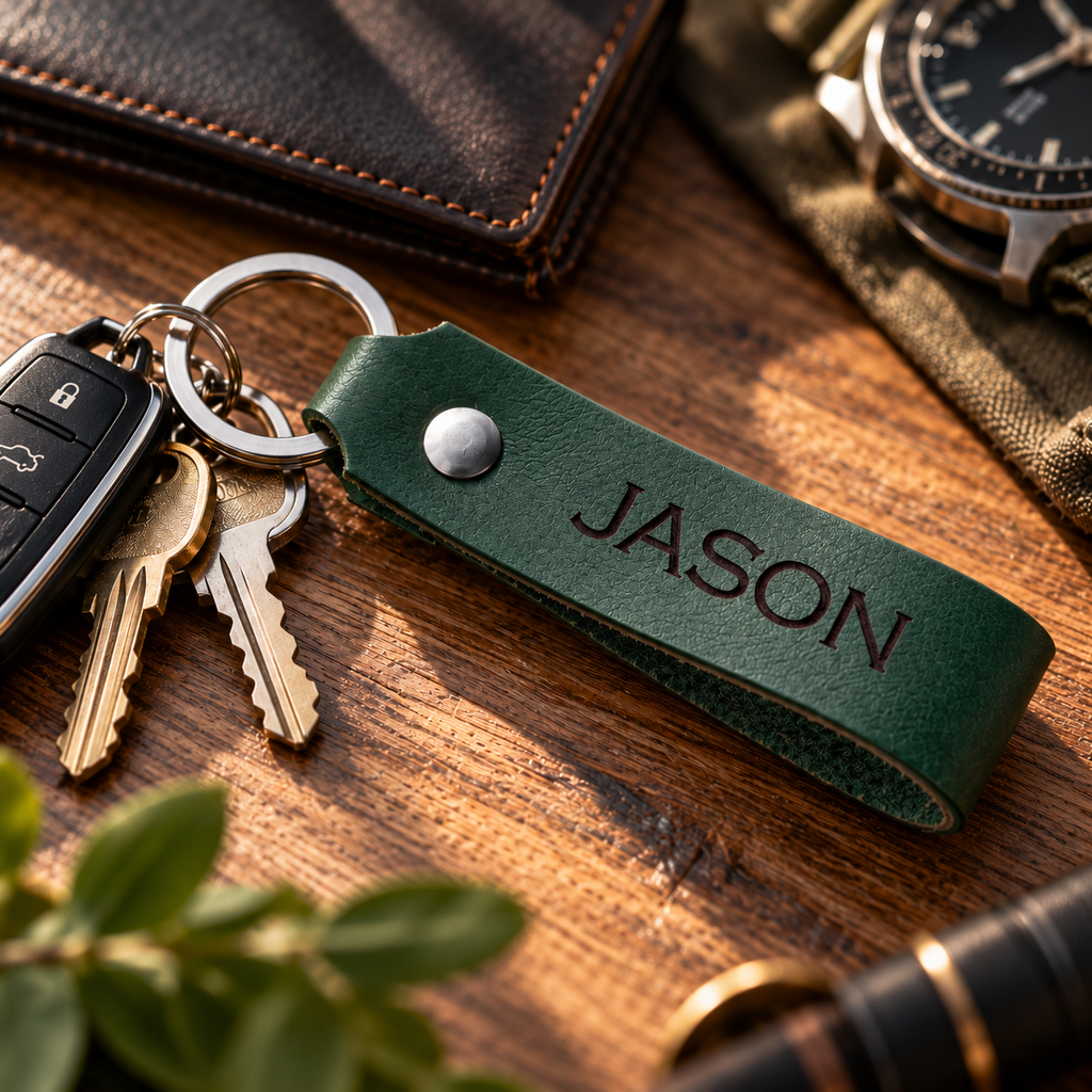 SANTJAG personalized Forest Green leather keychain laser engraved with the name JASON, displayed with metal keys, a wristwatch and a leather wallet on a wooden desk.