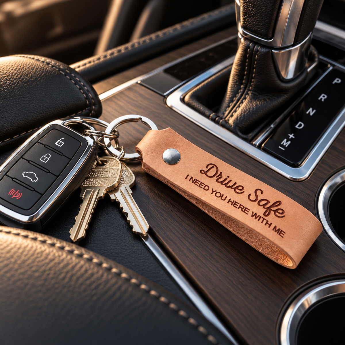 SANTJAG personalized natural leather keychain engraved with Drive Safe and I Need You Here With Me, attached to car and house keys inside an elegant vehicle.