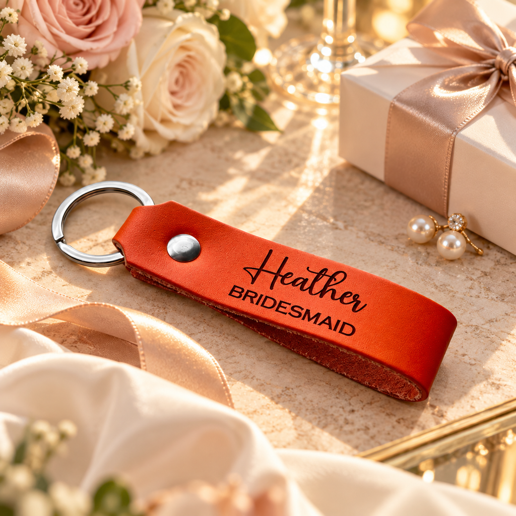 SANTJAG reddish-orange leather keychain personalized with Heather and Bridesmaid engravings, displayed with blush roses, champagne satin ribbon, pearl accessories and an elegant wedding gift box.
