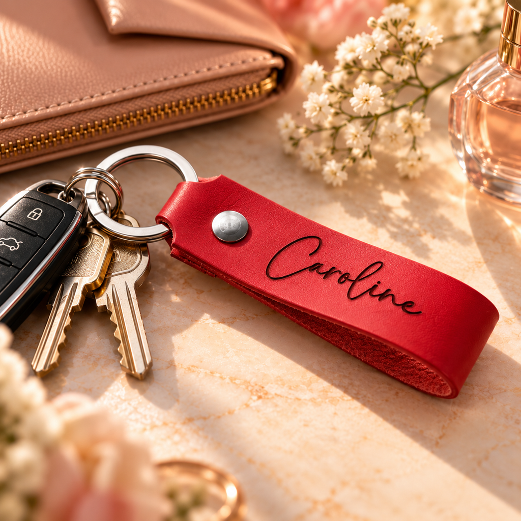 SANTJAG personalized red leather keychain laser engraved with the name Caroline in elegant cursive lettering, displayed with car keys, white flowers, a blush leather wallet and perfume on a light marble surface.