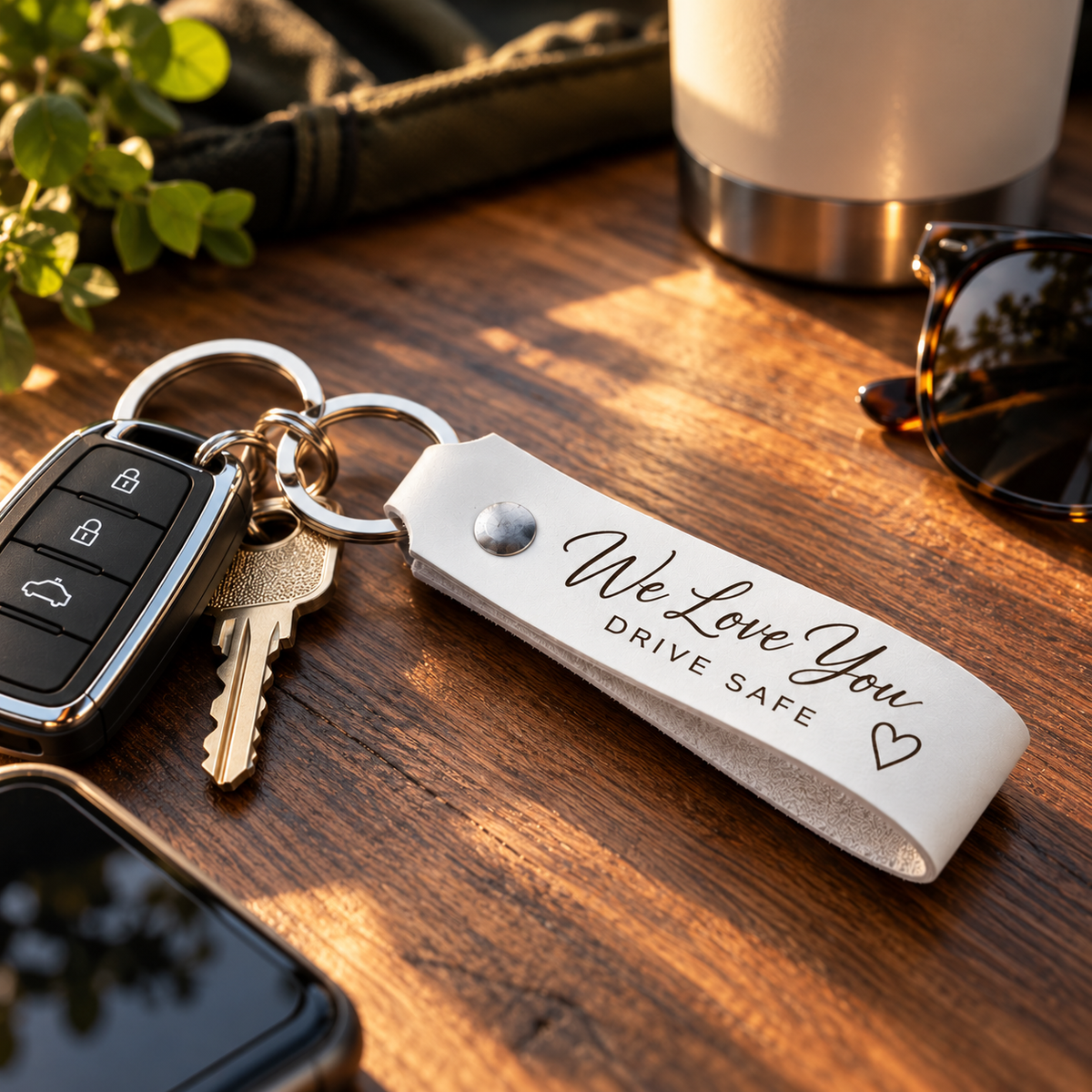 SANTJAG personalized white leather keychain engraved with We Love You and Drive Safe, featuring an elegant heart design, car key fob and house key on a wooden table.