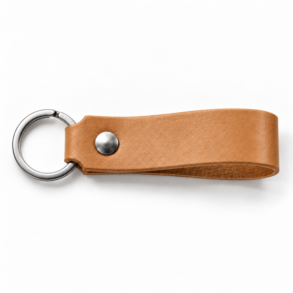 SANTJAG personalized leather keychain in Tan leather, unengraved, with silver-tone key ring and rivet on a white background.