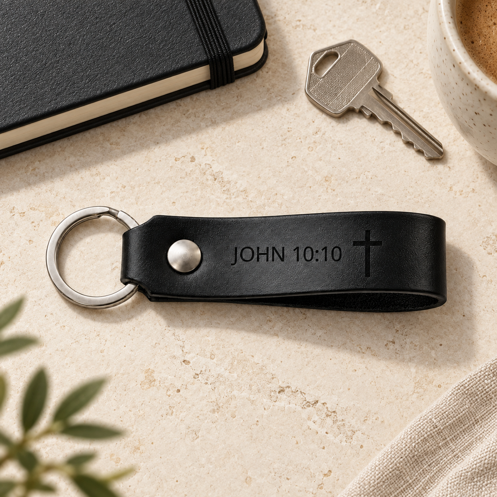 Black leather keychain engraved with John 10:10 and a cross, with silver hardware beside a metal key and black notebook.