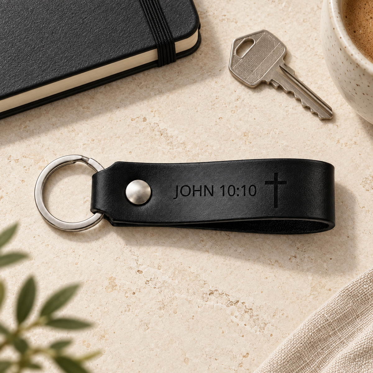 Black leather keychain engraved with John 10:10 and a cross, with silver hardware beside a metal key and black notebook.