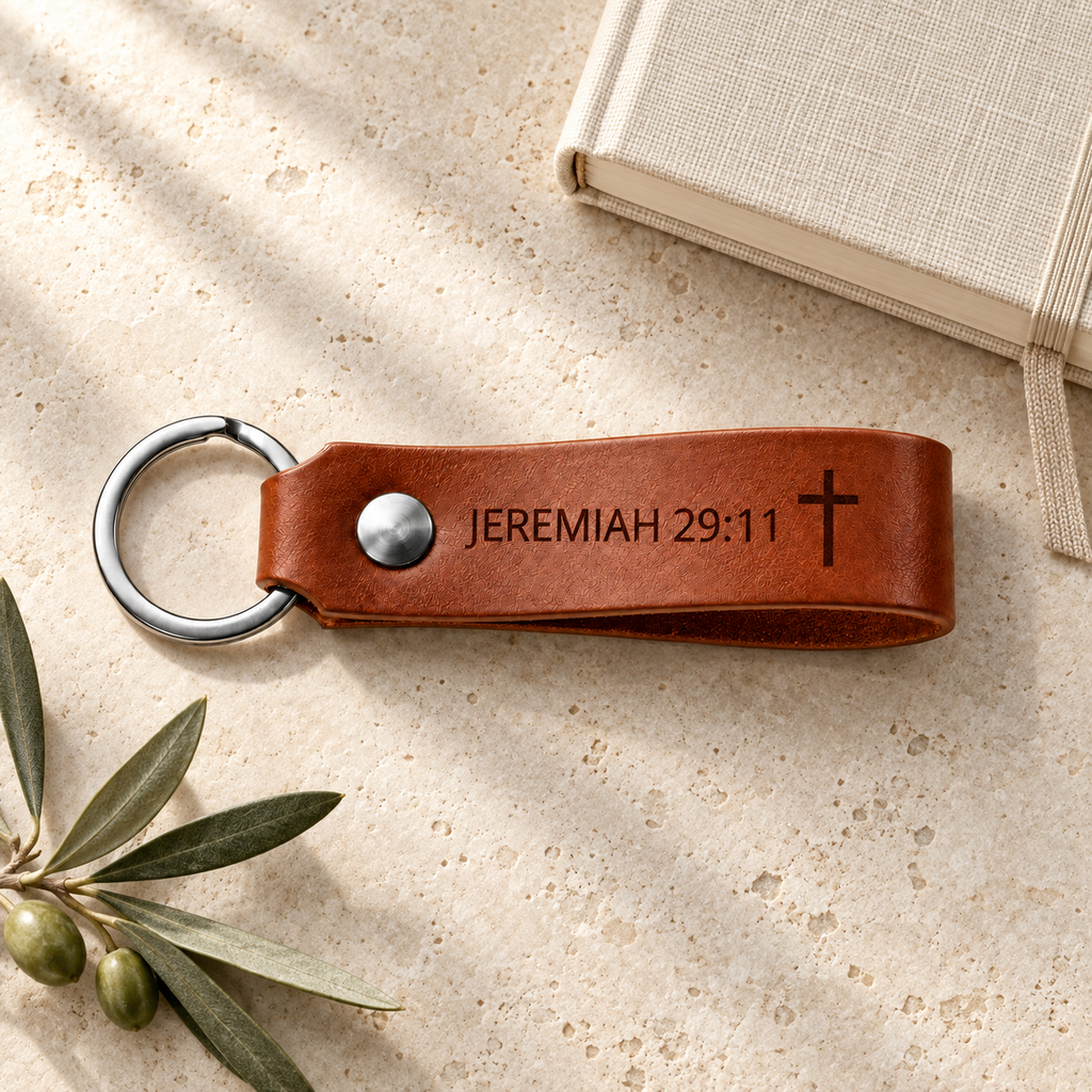 Brown leather keychain engraved with Jeremiah 29:11 and a cross, with a silver ring and rivet beside a linen-covered book.