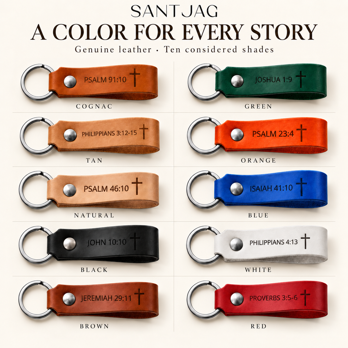 SANTJAG color guide showing Bible verse leather keychains in cognac, green, tan, orange, natural, blue, black, white, brown and red.