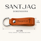 SANTJAG Bible verse leather keychain dimension guide showing a total length of 4.5 inches including the key ring and a width of 1 inch.