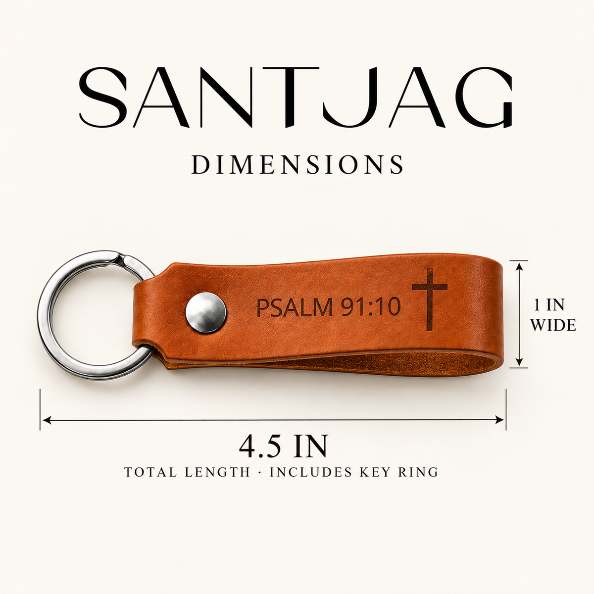 SANTJAG Bible verse leather keychain dimension guide showing a total length of 4.5 inches including the key ring and a width of 1 inch.