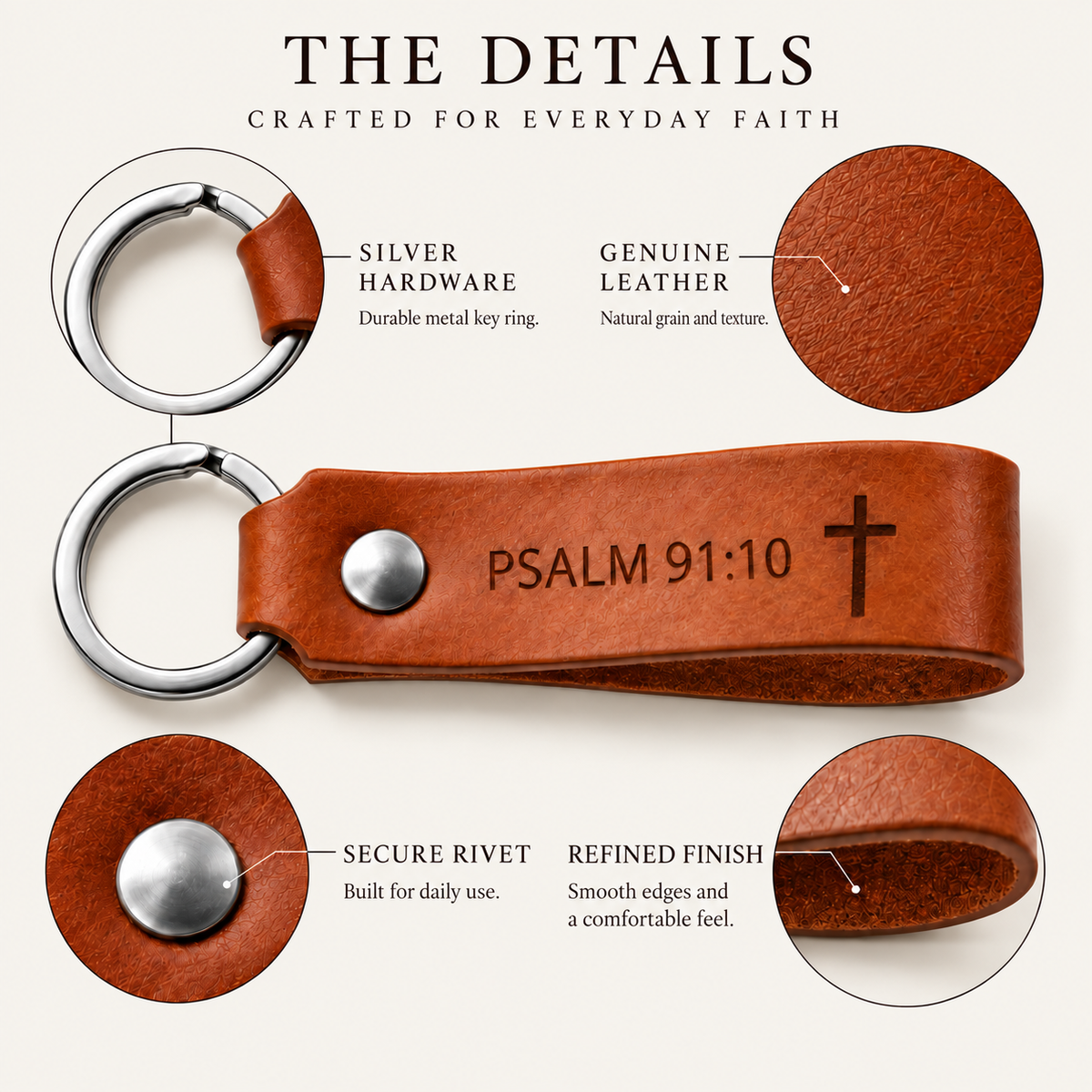 Detail guide showing a cognac Bible verse keychain, leather texture, silver key ring, secure rivet and folded leather edges.