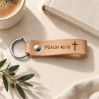 Natural leather keychain engraved with Psalm 46:10 and a cross, displayed beside a linen-covered book and coffee.