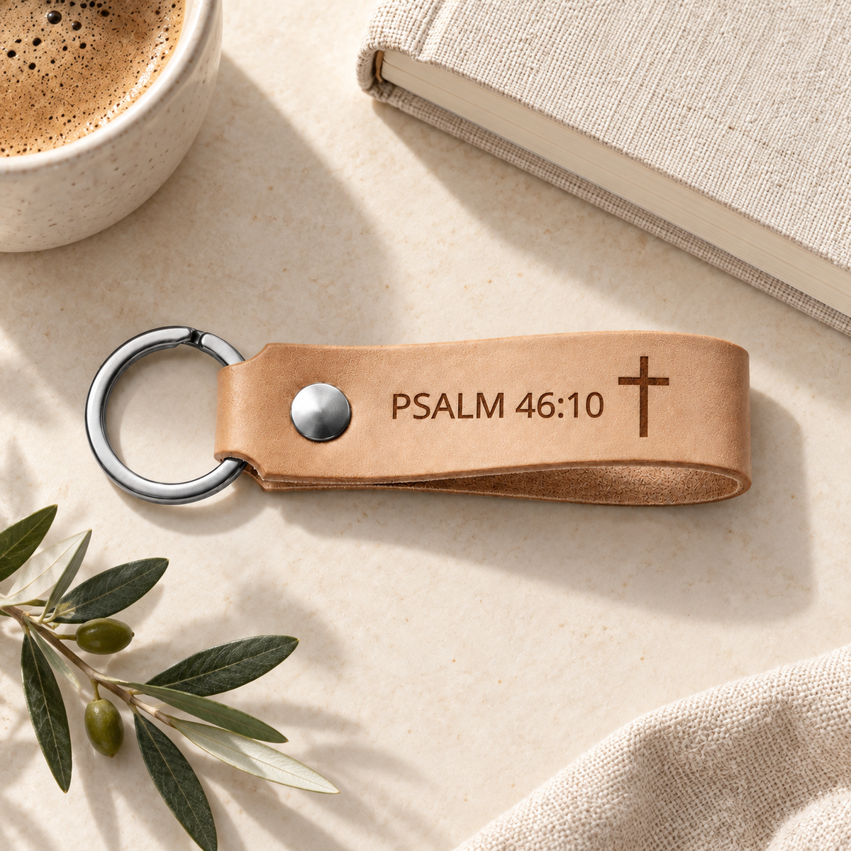 Natural leather keychain engraved with Psalm 46:10 and a cross, displayed beside a linen-covered book and coffee.