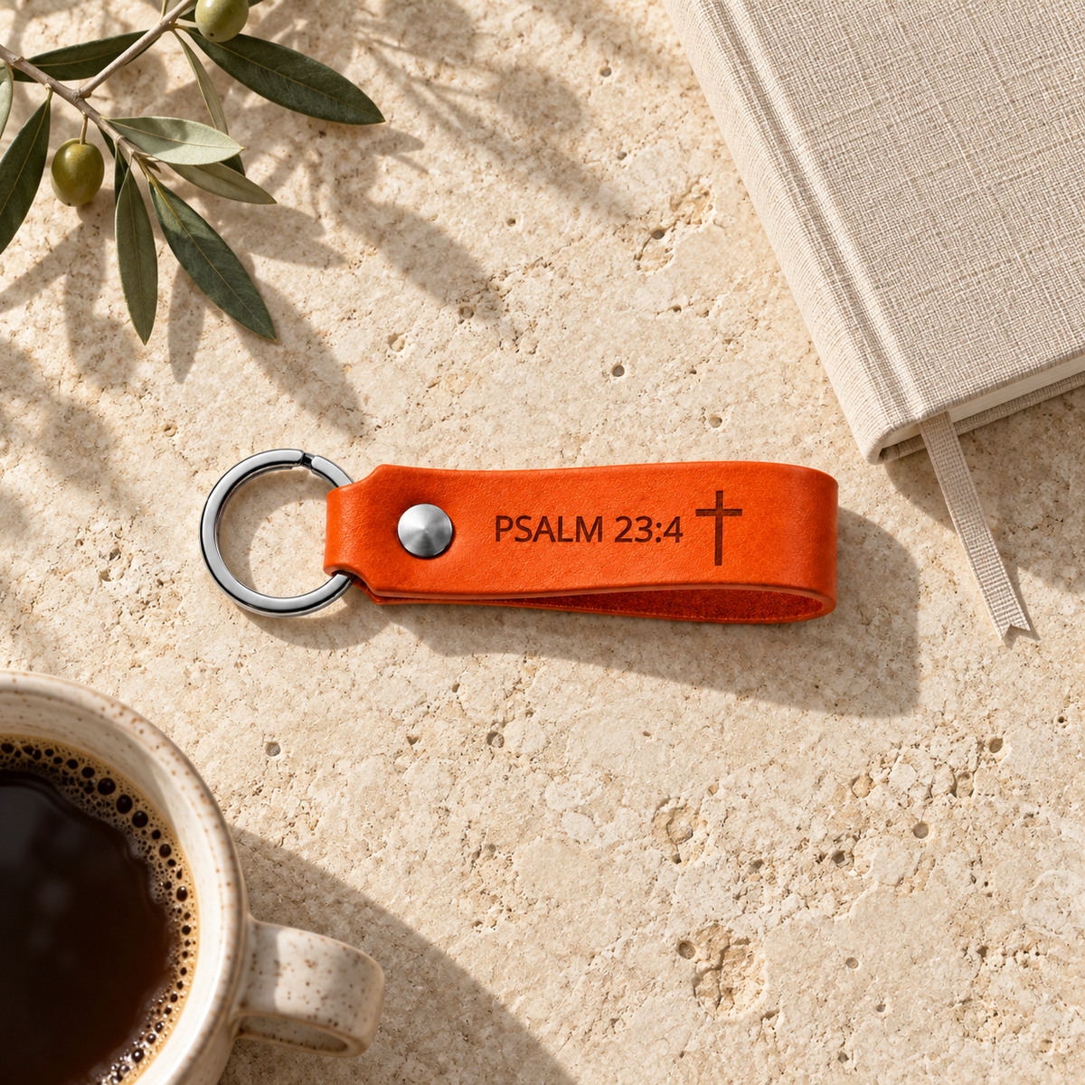 Orange leather keychain engraved with Psalm 23:4 and a cross, displayed on a stone surface beside olive branches and a book.