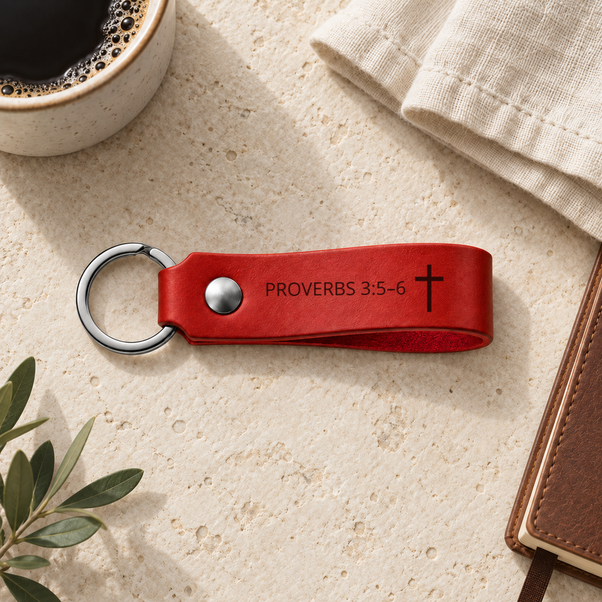 Red leather keychain engraved with Proverbs 3:5-6 and a cross, displayed on a stone surface beside coffee and a book.