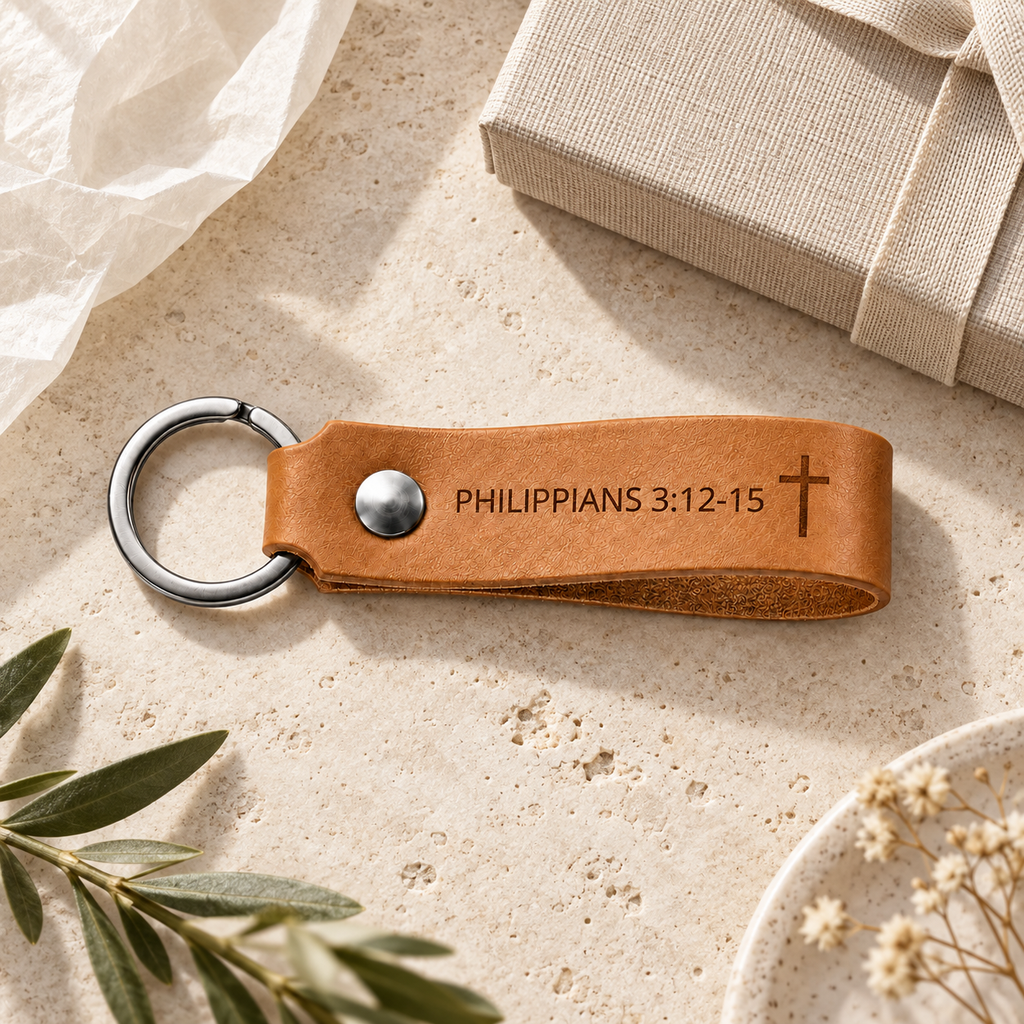 Tan leather keychain engraved with Philippians 3:12-15 and a cross, displayed beside a textured gift box and olive branches.