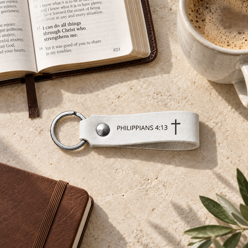 White leather keychain engraved with Philippians 4:13 and a cross, displayed beside an open Bible, coffee and a brown notebook.