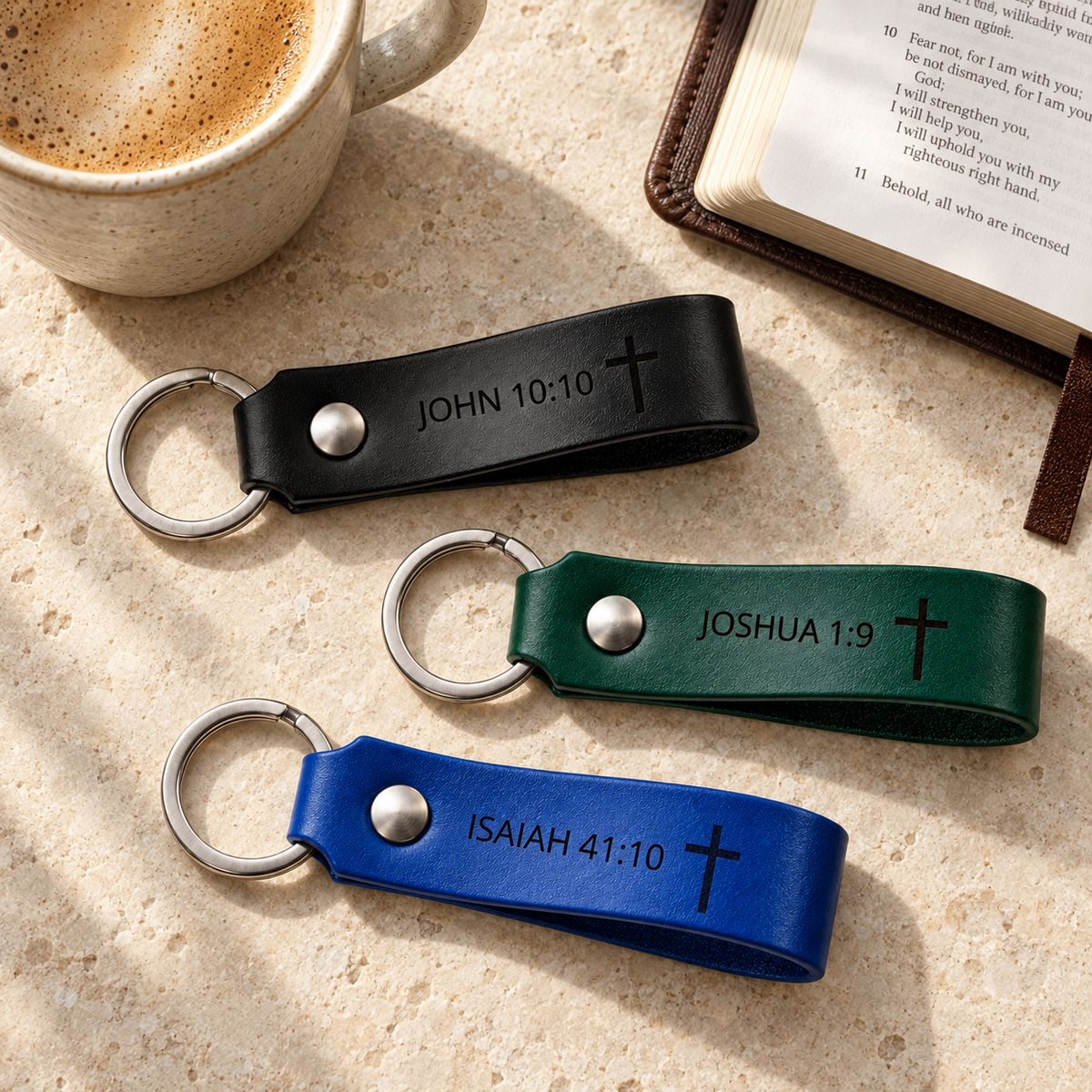 Black, green and blue leather keychains engraved with John 10:10, Joshua 1:9 and Isaiah 41:10 beside an open Bible.