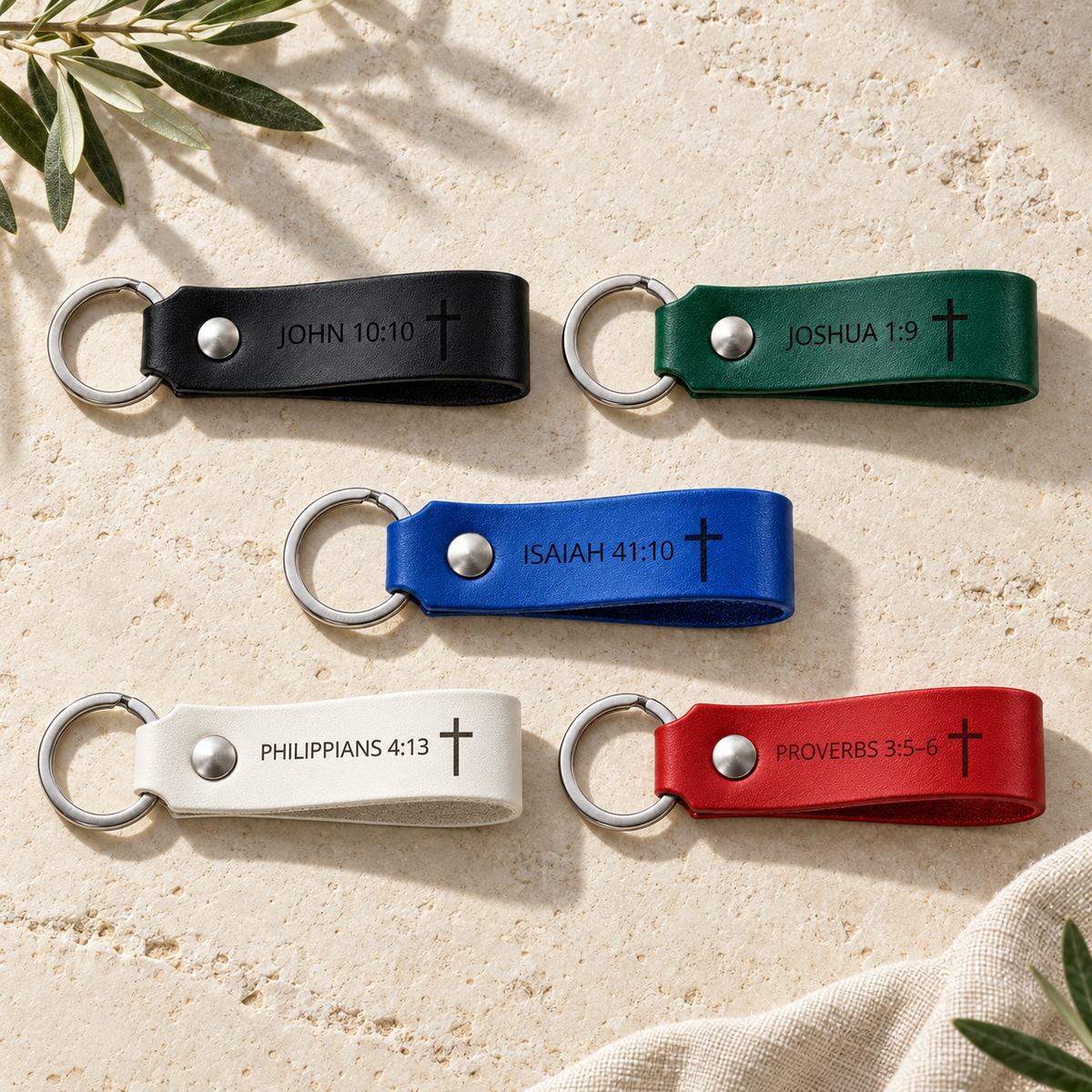 Five leather keychains in black, green, blue, white and red, each engraved with a Bible reference and cross.