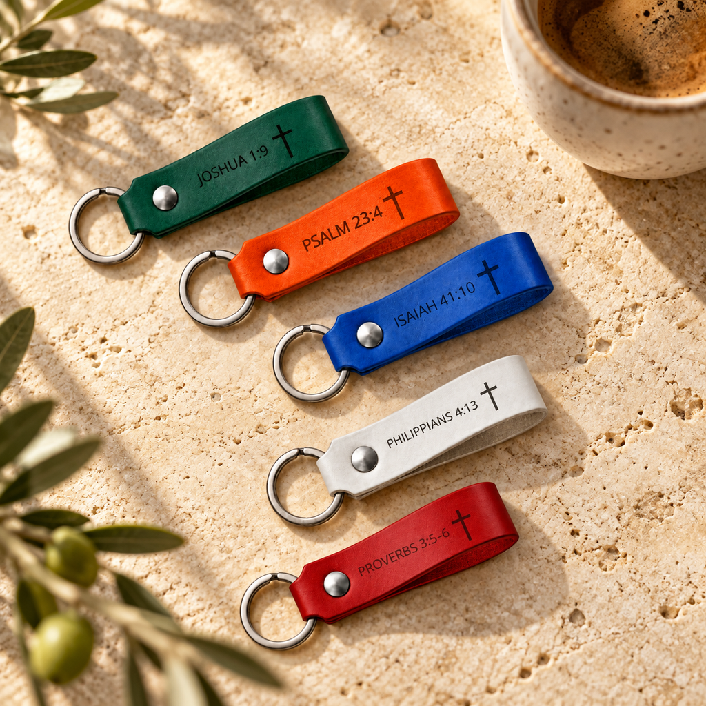 Green, orange, blue, white and red leather Bible verse keychains arranged diagonally beside coffee and olive branches.