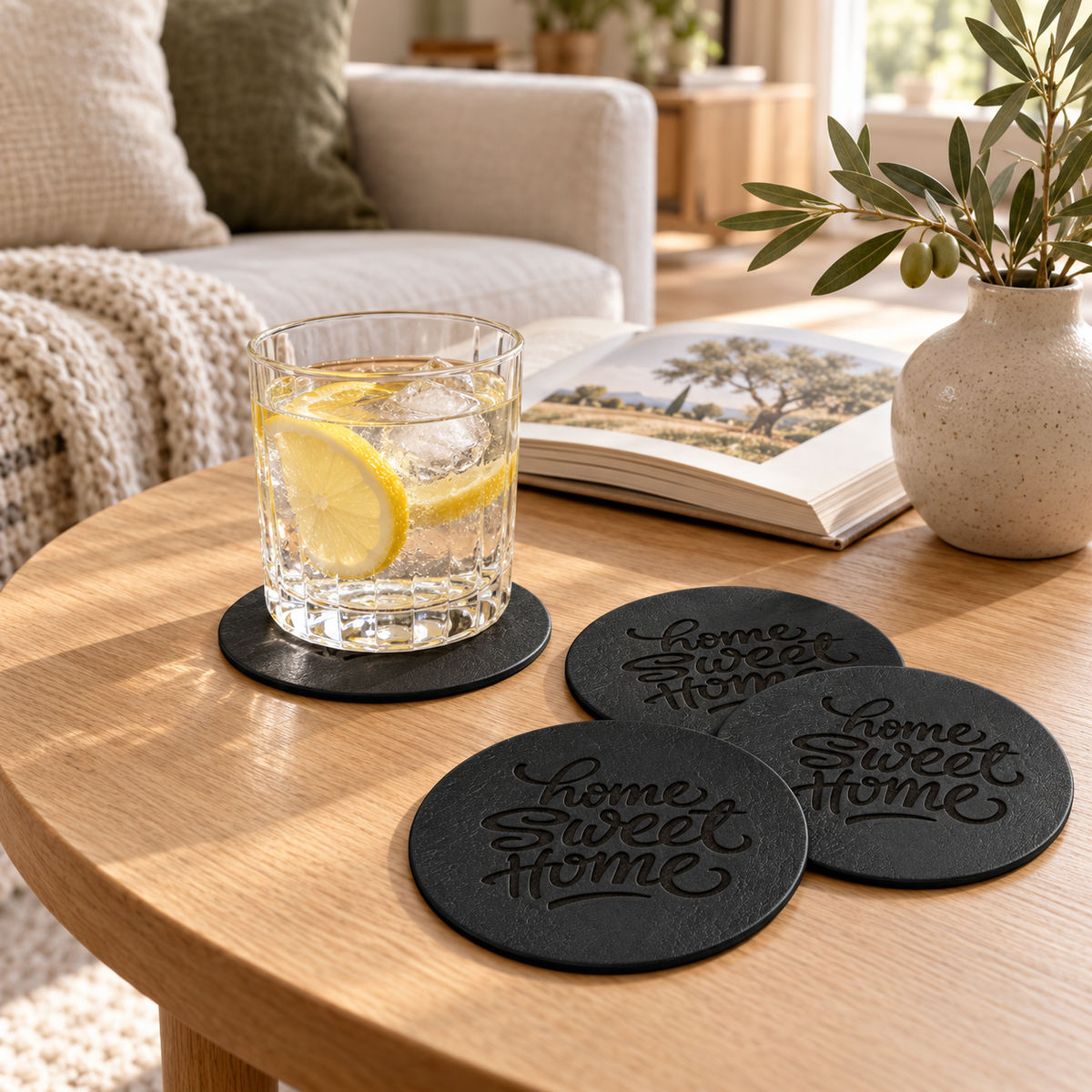 Black round leather coasters engraved with “Home Sweet Home” on a wooden coffee table beside a glass of lemon water and an open book.