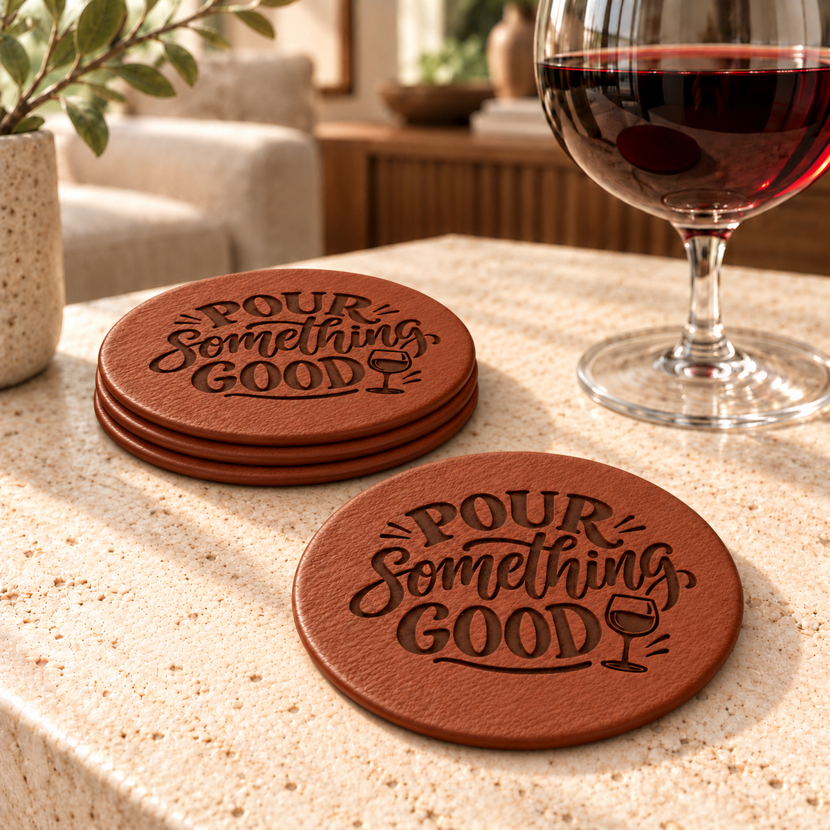 Four brown leather coasters laser engraved with “Pour Something Good” and a wine glass design, arranged with three stacked and one in front beside a glass of red wine.