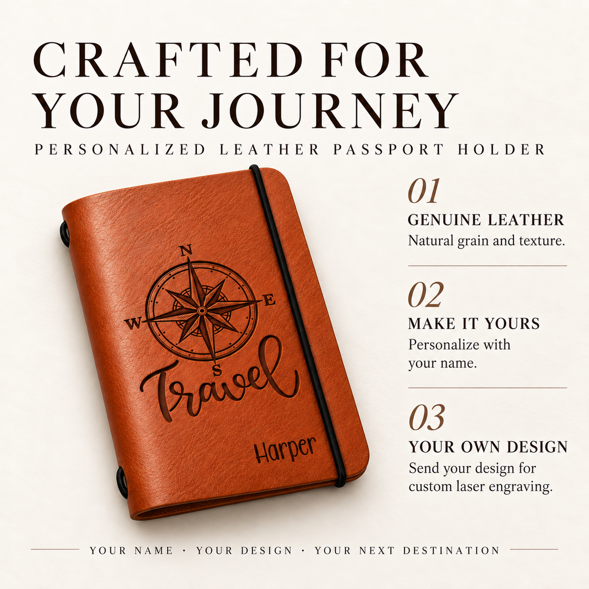 SANTJAG brown leather passport holder with a compass, “Travel,” and Harper engraving, alongside features highlighting genuine leather, name personalization, and custom design uploads.
