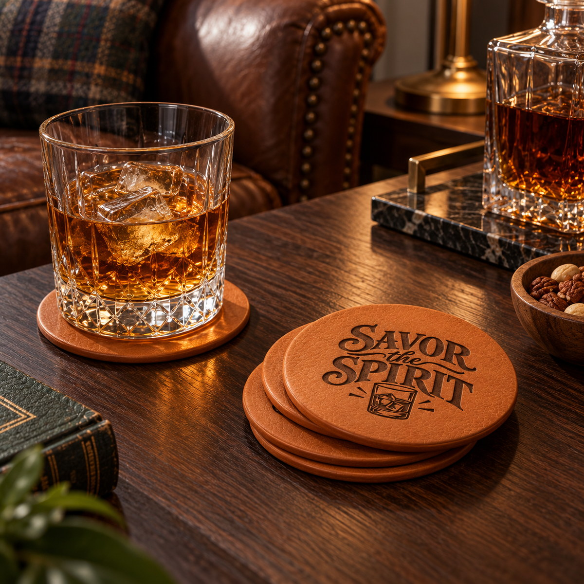 Four cognac leather coasters laser engraved with “Savor the Spirit” and a whiskey glass design, with three stacked beside a whiskey tumbler resting on the fourth on a dark wooden table.