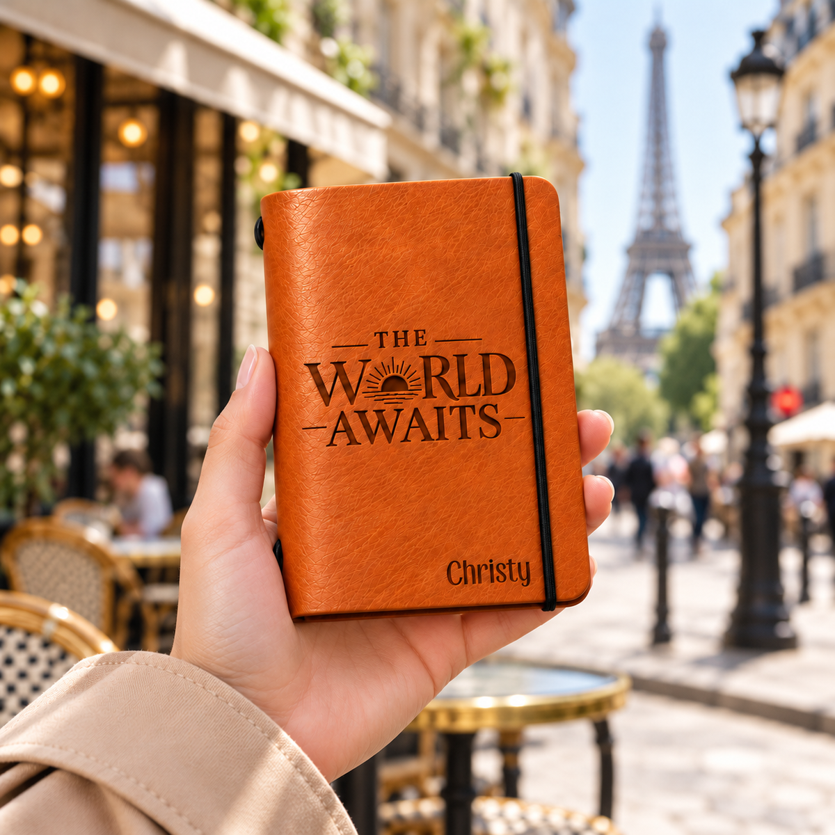 SANTJAG cognac leather passport holder engraved with “The World Awaits,” a sunrise motif, and the name Christy, held outside a Parisian café with the Eiffel Tower in the background.