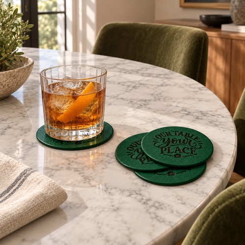 Four forest green leather coasters laser engraved with “Our Table Your Place” on a white marble table, with an amber drink resting on one coaster.