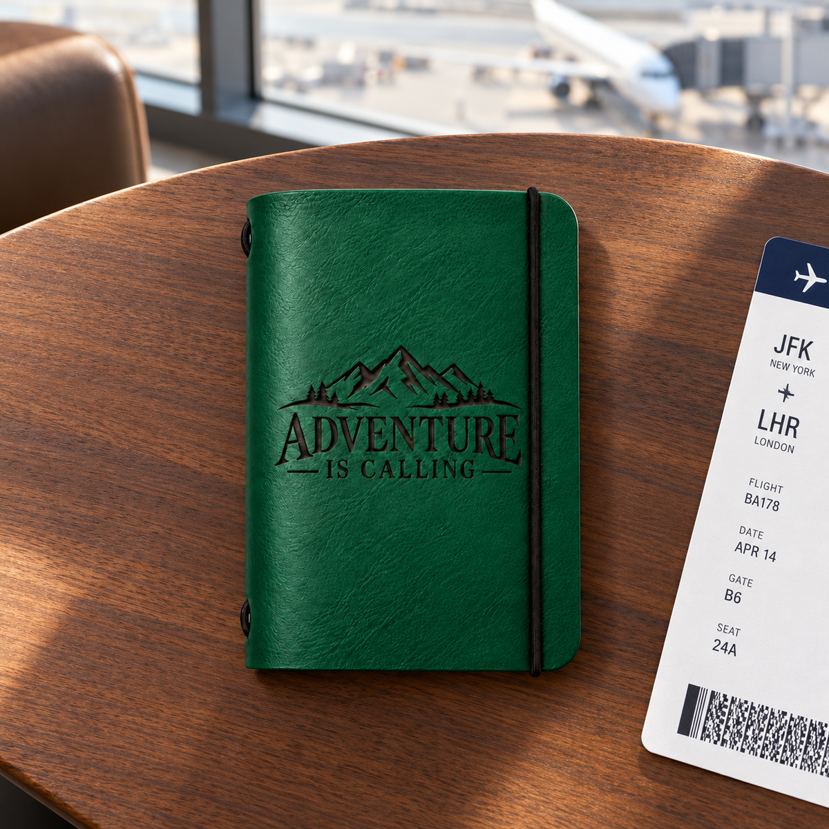 SANTJAG forest green leather passport holder engraved with mountains and “Adventure Is Calling,” beside a boarding pass on a walnut table in an airport lounge.