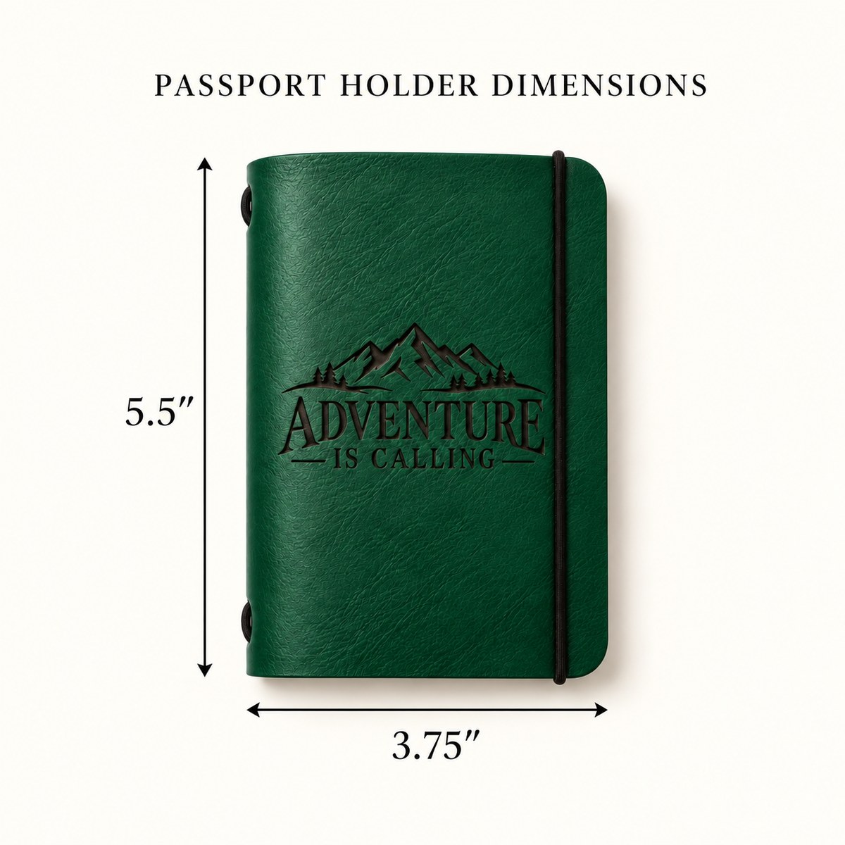 SANTJAG forest green leather passport holder engraved with “Adventure Is Calling” and mountains, with dimension arrows showing 5.5 inches tall by 3.75 inches wide.