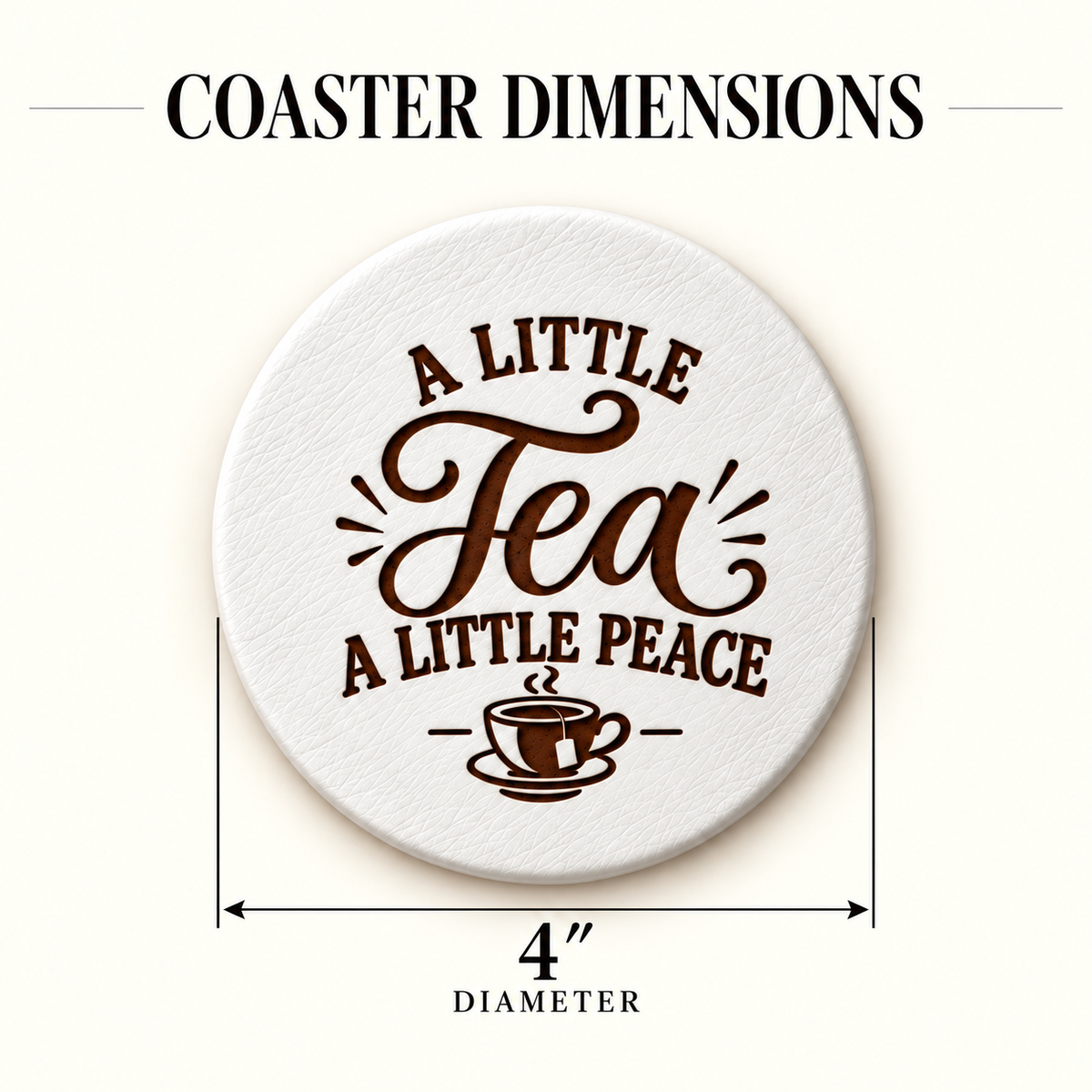 White round genuine leather coaster measuring 4 inches in diameter, featuring a dark laser-engraved A Little Tea A Little Peace design and measurement guide.
