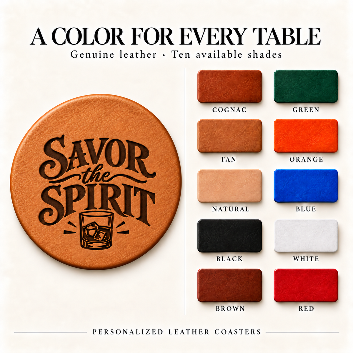 SANTJAG round tan leather coaster engraved with “Savor the Spirit” beside ten leather color swatches: Cognac, Green, Tan, Orange, Natural, Blue, Black, White, Brown, and Red.
