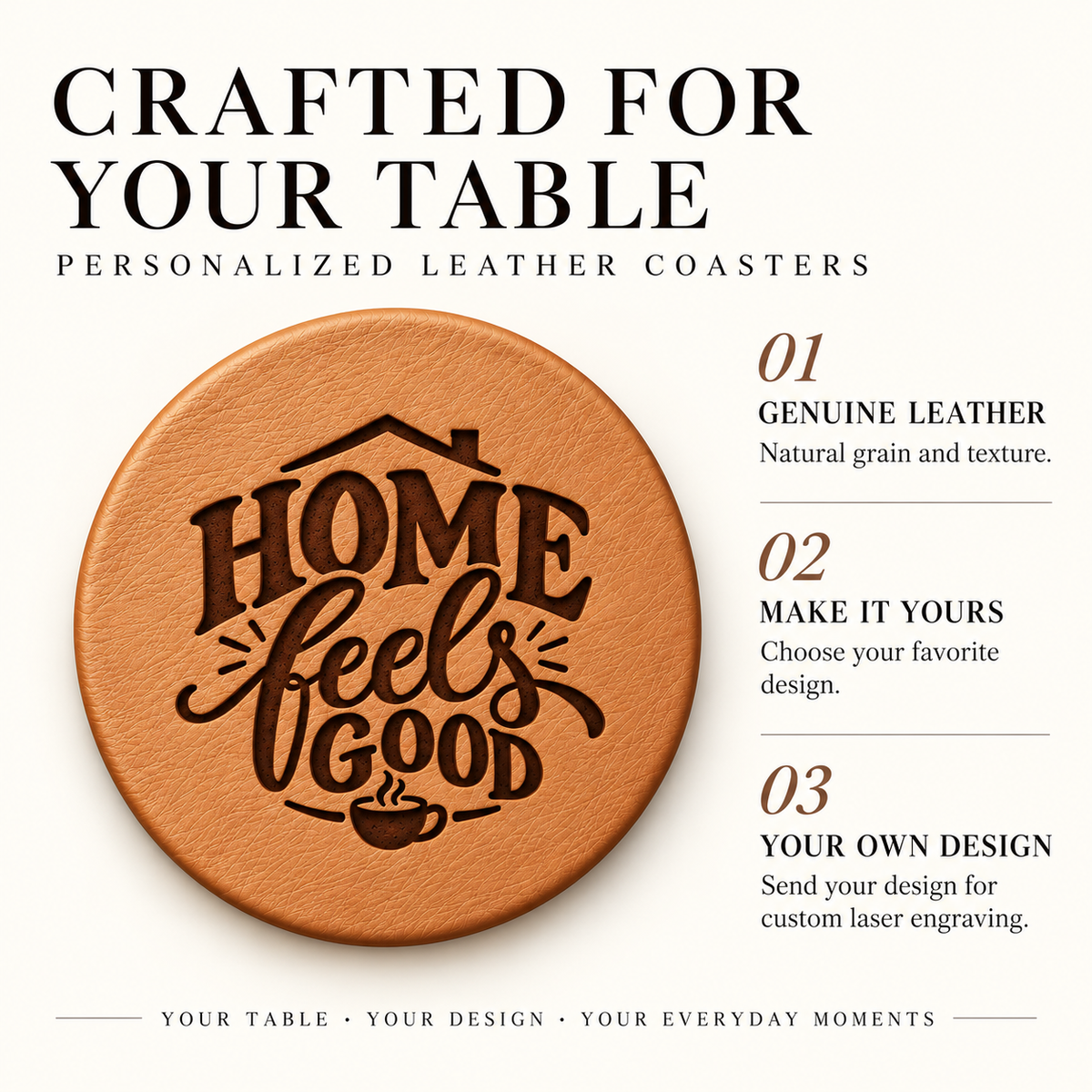 Round tan genuine leather coaster with deep laser-engraved Home Feels Good design, showcasing personalized engraving options and natural leather texture.