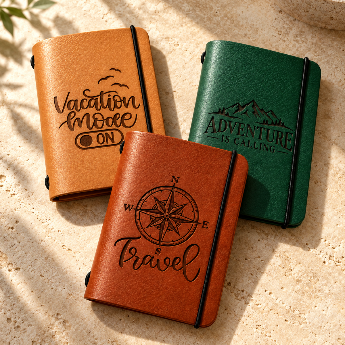 Three SANTJAG leather passport holders on light stone, featuring “Vacation Mode On,” “Adventure Is Calling,” and a compass rose with “Travel,” each with a black elastic closure.