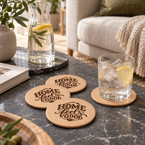 Four natural leather coasters laser engraved with “Home Feels Good” on a dark stone coffee table, with a glass of iced lemon water resting on one coaster.
