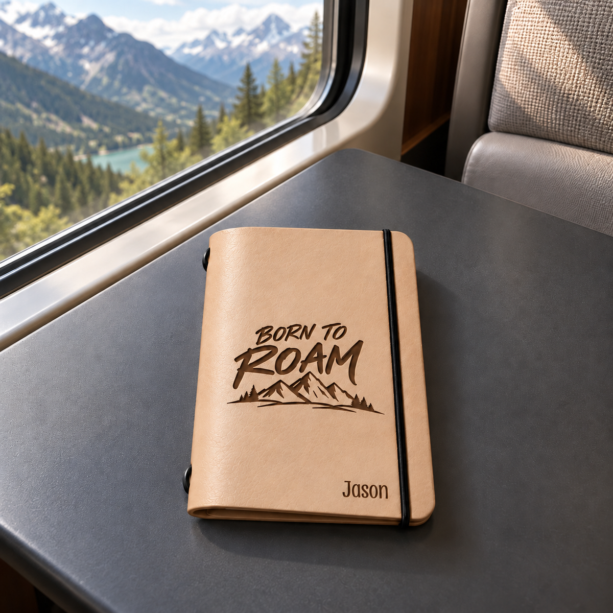 SANTJAG natural leather passport holder engraved with “Born to Roam,” mountains, and the name Jason, on a charcoal table inside a panoramic train overlooking alpine mountains and forests.