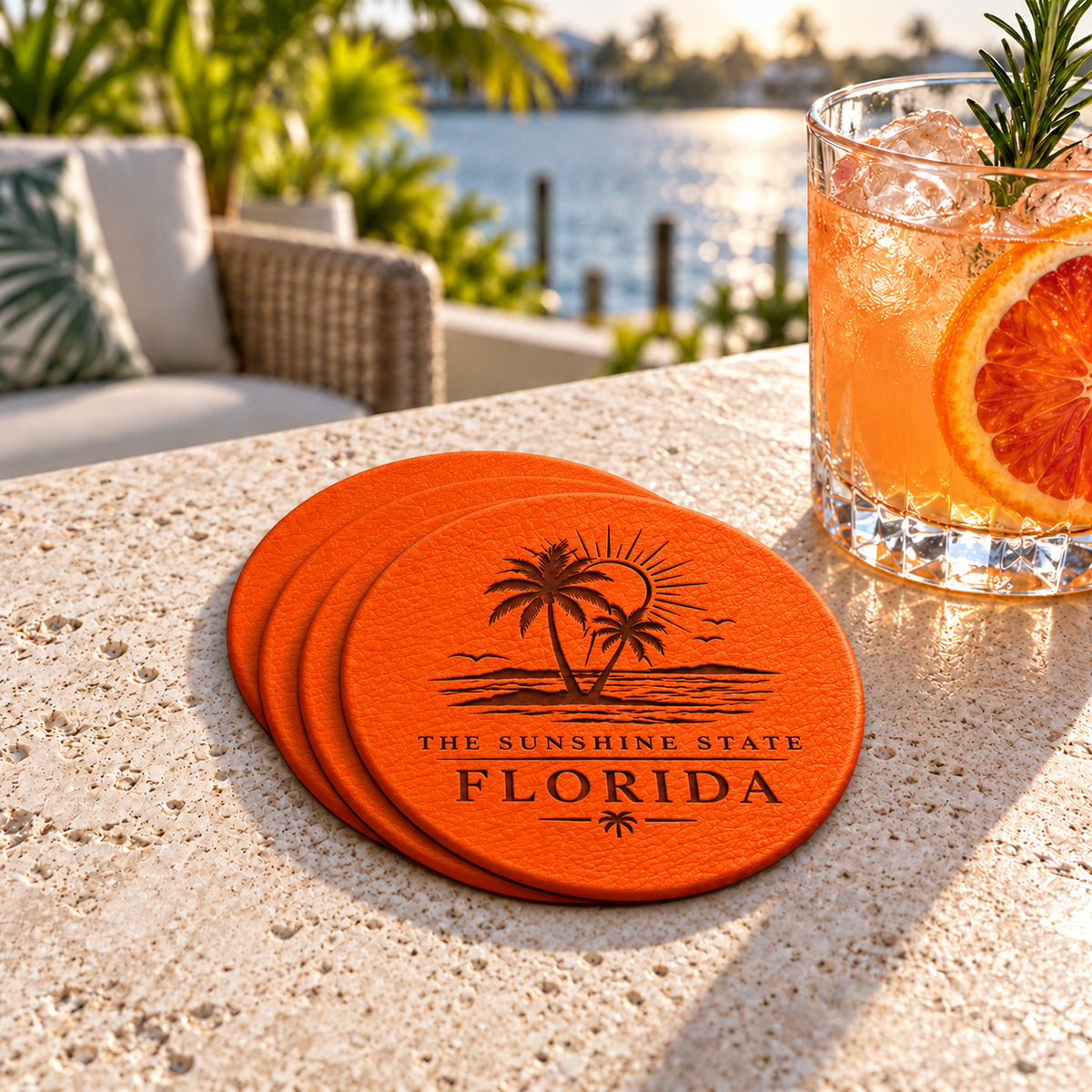 Four orange leather coasters laser engraved with palm trees and “The Sunshine State Florida,” stacked on a limestone table beside a citrus drink on a waterfront terrace.