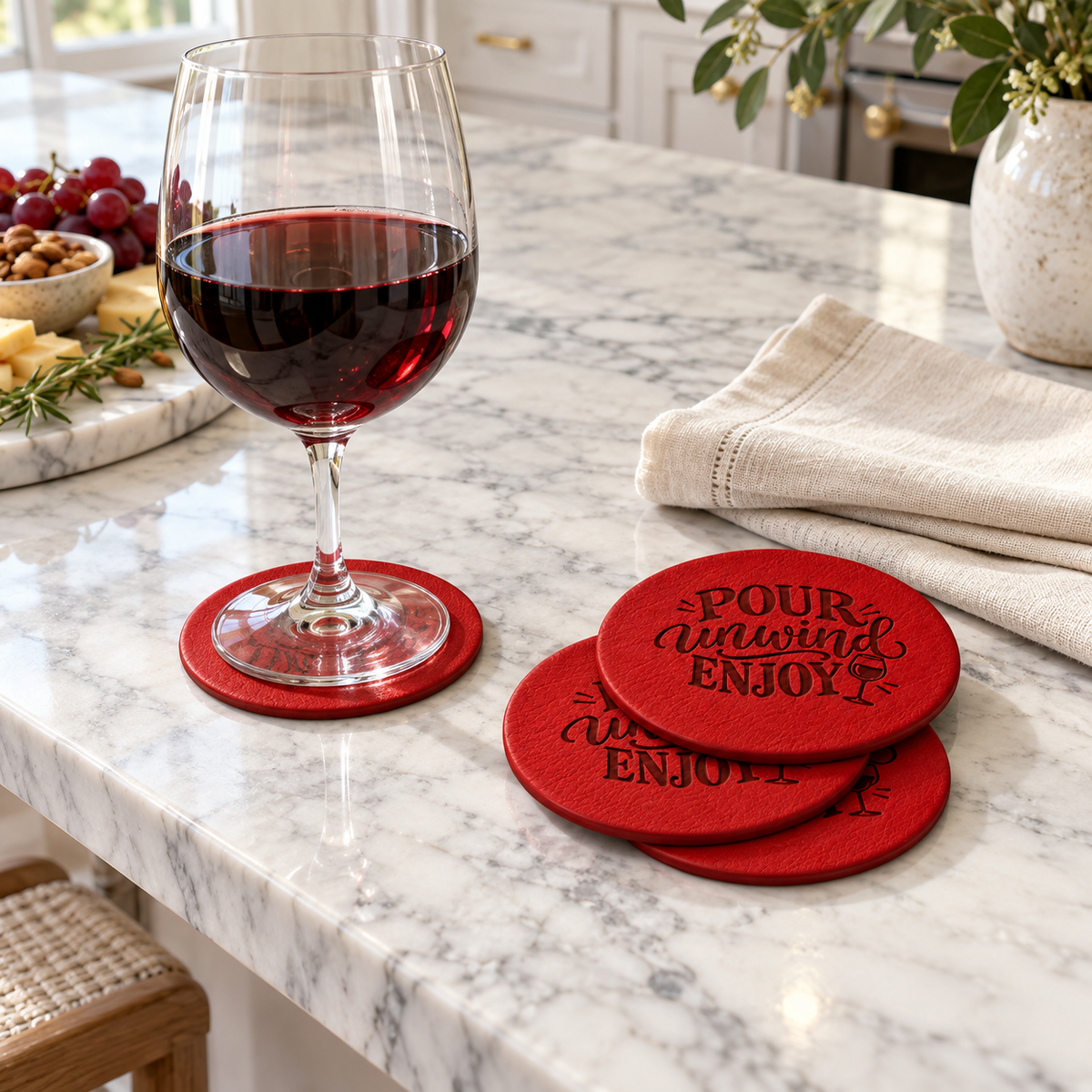Four red leather coasters laser engraved with “Pour Unwind Enjoy” on a white marble counter, with three stacked beside a glass of red wine resting on the fourth.