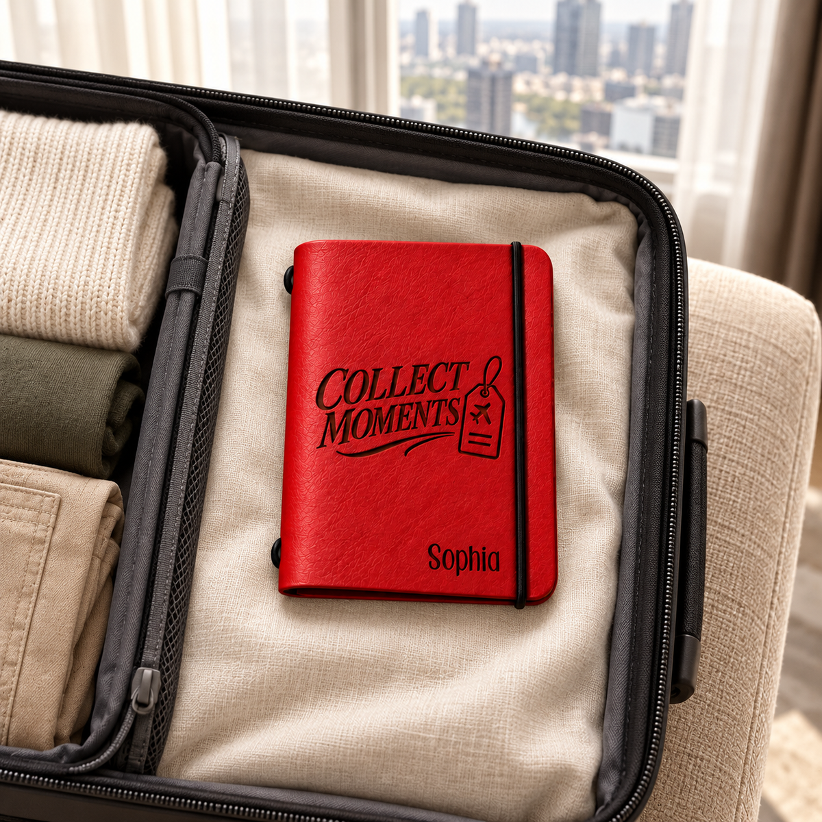 SANTJAG red leather passport holder engraved with “Collect Moments,” a luggage tag illustration, and the name Sophia, inside an open suitcase beside neatly folded clothing.