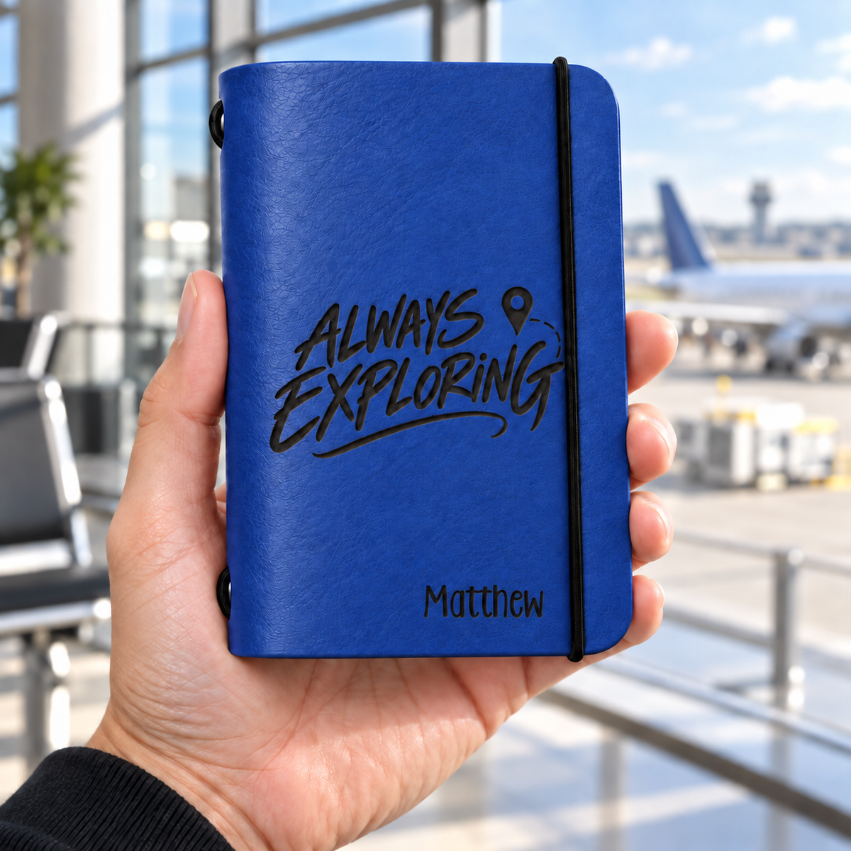 SANTJAG royal blue leather passport holder engraved with “Always Exploring,” a location pin, and the name Matthew, held in one hand at an airport terminal.