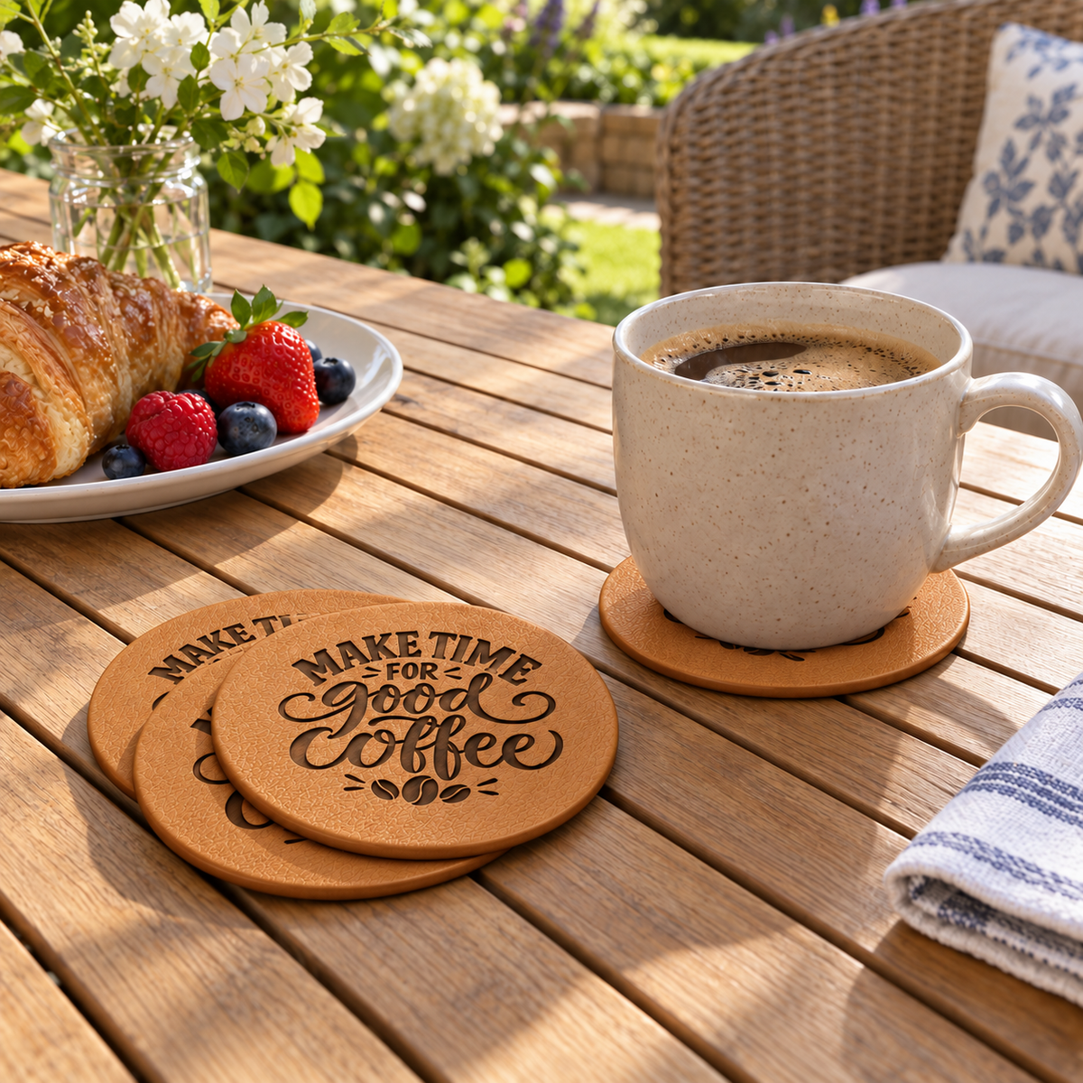 Four tan leather coasters laser engraved with “Make Time for Good Coffee” on a wooden patio table, with a coffee mug resting on one coaster beside pastries and berries.