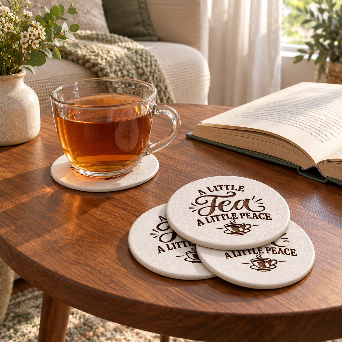 White round leather coasters engraved with “A Little Tea A Little Peace” beside a glass cup of tea and an open book on a wooden table.